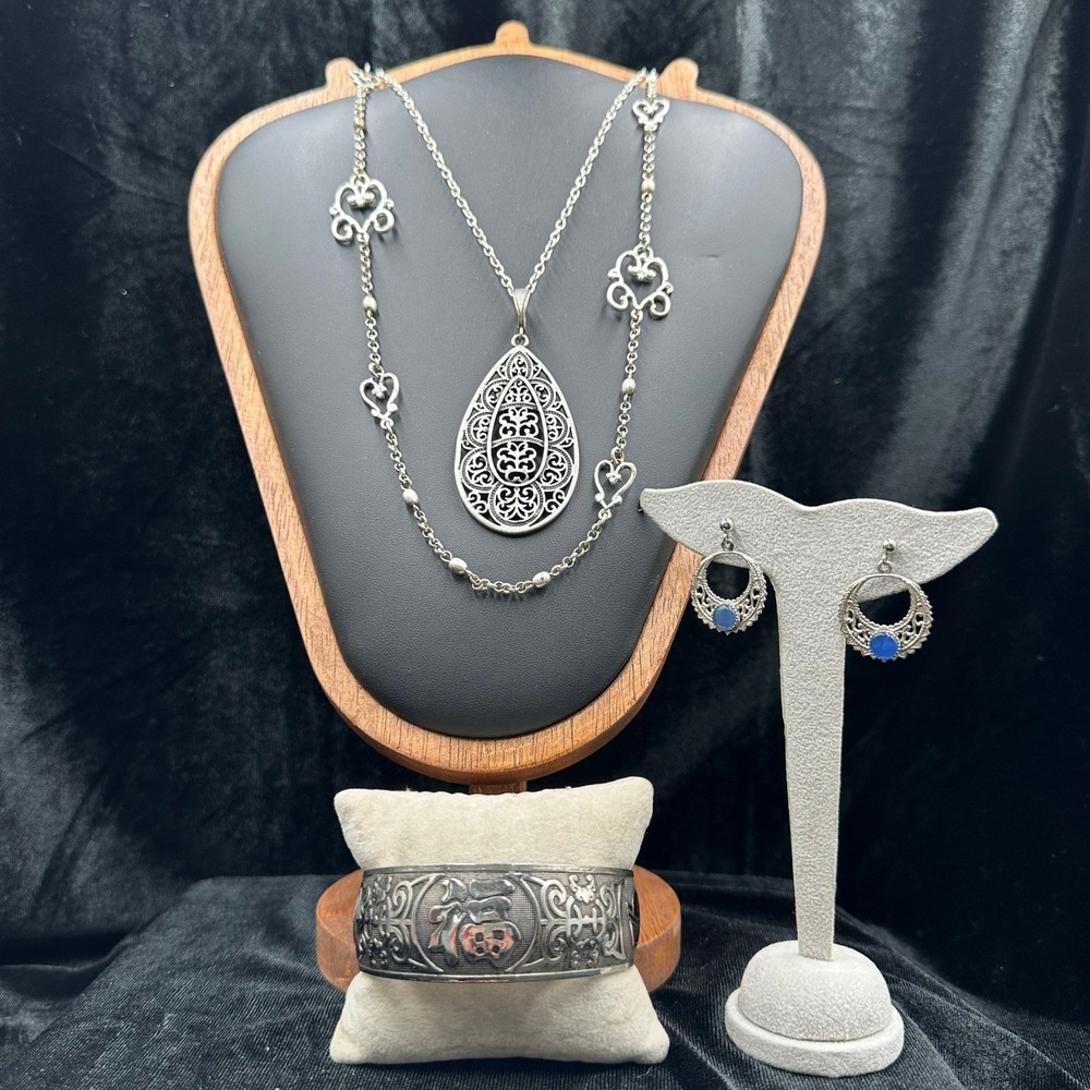 Silver Tone Filigree Mix Jewelry Lot Necklaces Bangle Chinese Good Fortune Fu